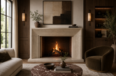 Carson Design natural stone fireplace surround at Hedberg Home