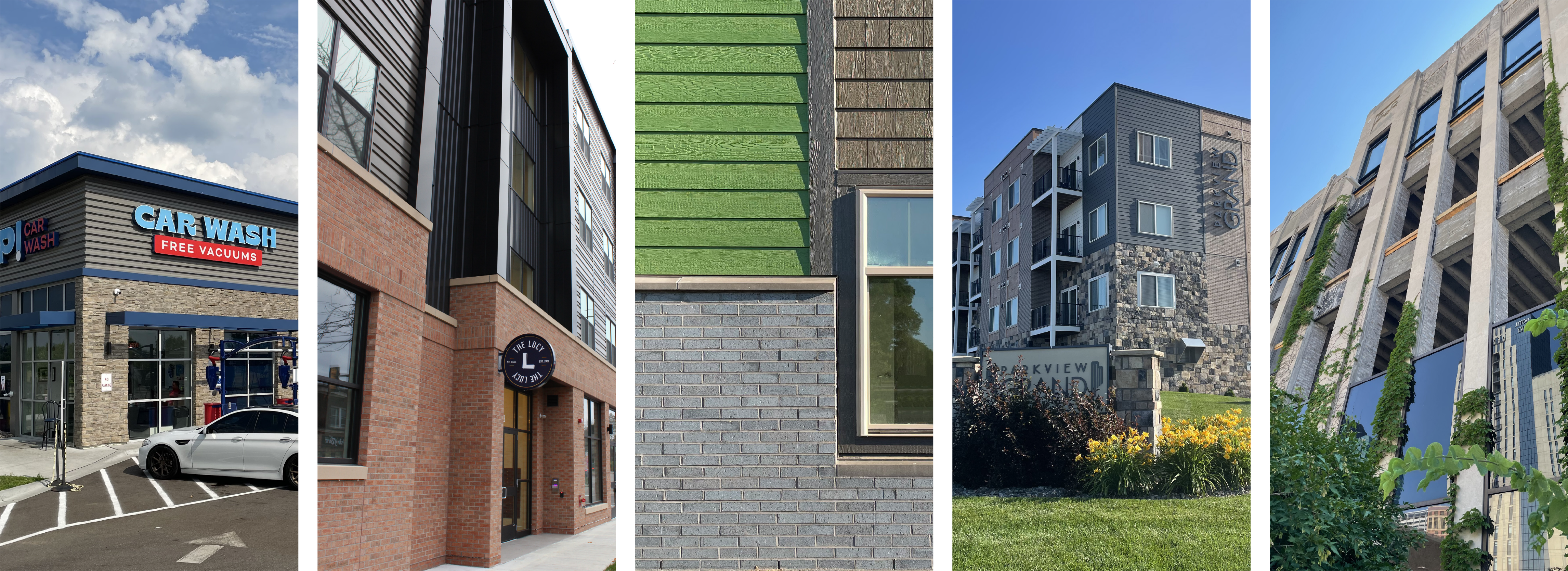 photo collage of various commercial masonry projects with brick and stone