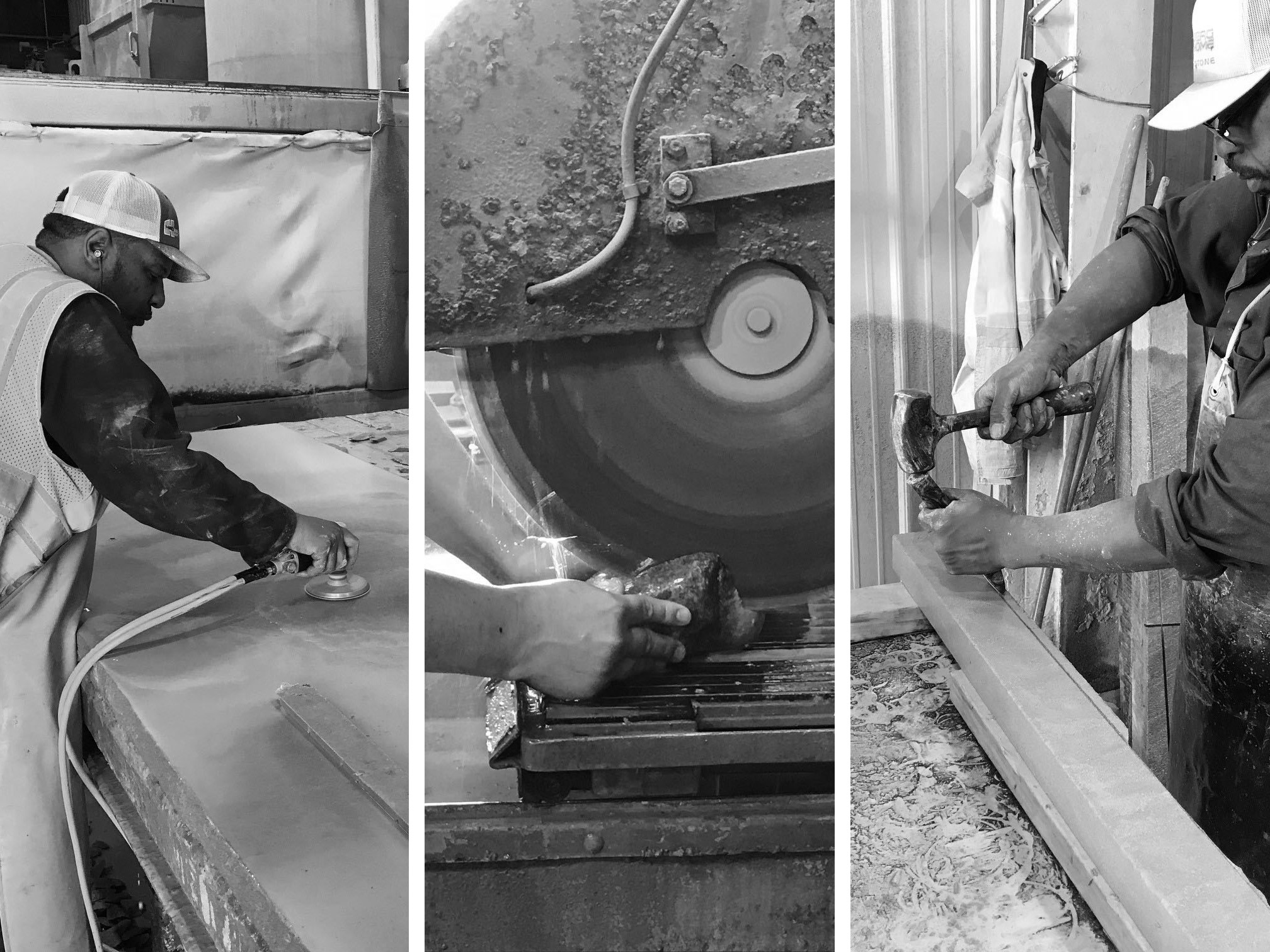three black and white images of men fabricating natural stone with their hands and tools