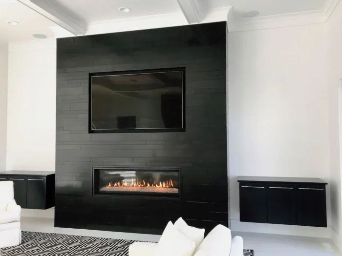Ebony Basalt Planc Natural Stone Veneer Residential Fireplace