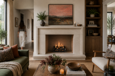Grays Design natural stone fireplace surround at Hedberg Home