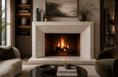 Maxwell Design natural stone fireplace surround at Hedberg Home