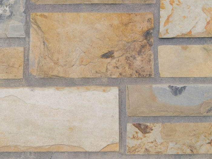 closeup of osage natural stone veneer display with standard grey mortar