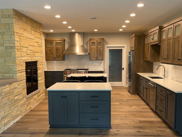 Northern Buff Limestone fireplace in kitchen using standard struck mortar technique
