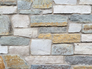 closeup of white fish two natural stone veneer display with standard grey mortar